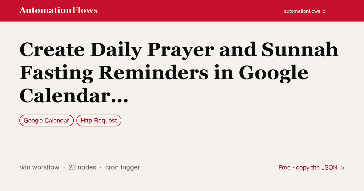 Create Daily Prayer and Sunnah Fasting Reminders in Google Calendar Using… — n8n workflow card showing Google Calendar, HTTP Request integration