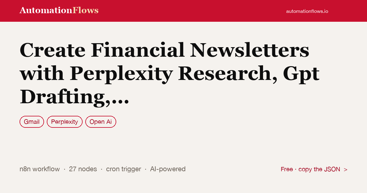 Create Financial Newsletters with Perplexity Research, Gpt Drafting, and… — n8n workflow card showing Gmail, Perplexity, OpenAI integration