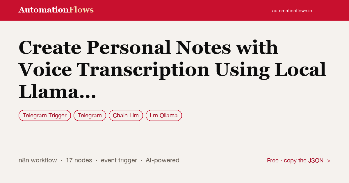Create Personal Notes with Voice Transcription Using Local Llama and Telegram — n8n workflow card showing Telegram Trigger, Telegram, Chain Llm integration