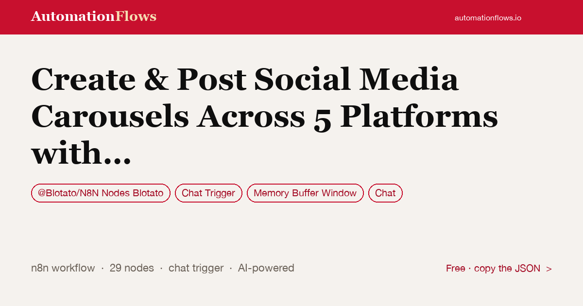 Create & Post Social Media Carousels Across 5 Platforms with AI & Blotato — n8n workflow card showing @Blotato/N8N Nodes Blotato, Chat Trigger, Memory Buffer Window integration