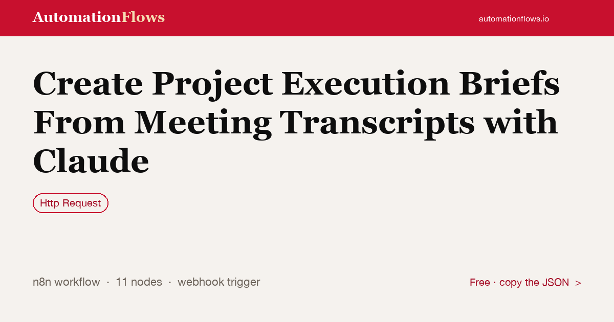 Create Project Execution Briefs From Meeting Transcripts with Claude — n8n workflow card showing HTTP Request integration