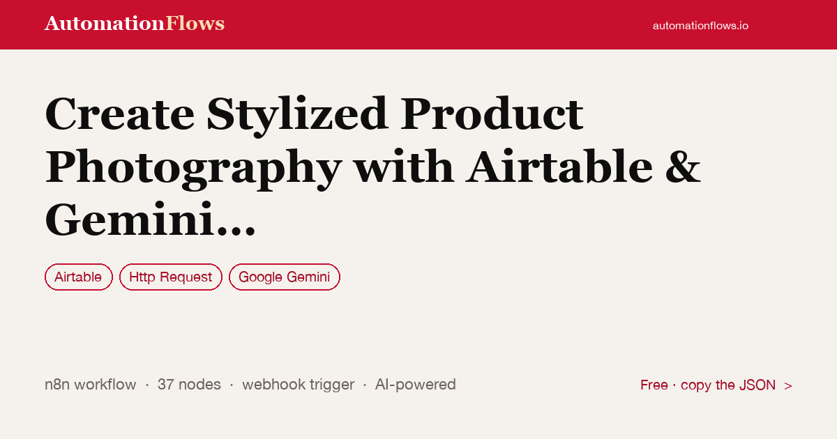 Create Stylized Product Photography with Airtable & Gemini Nano Banana — n8n workflow card showing Airtable, HTTP Request, Google Gemini integration