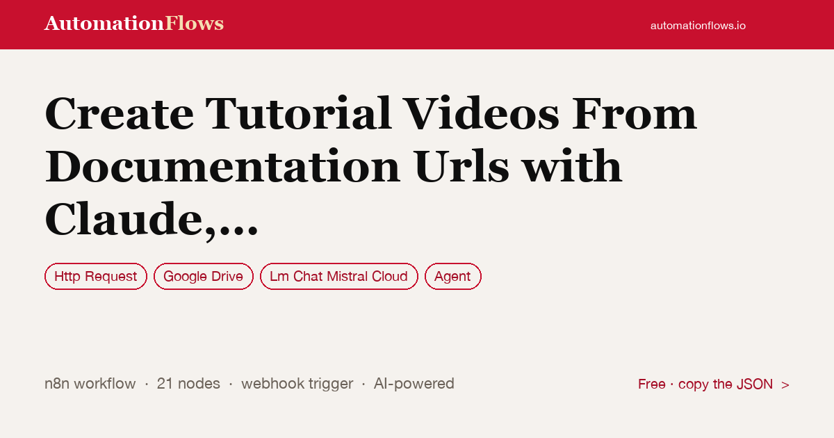 Create Tutorial Videos From Docs with Claude and Remotion — n8n workflow card showing HTTP Request, Google Drive, Lm Chat Mistral Cloud integration