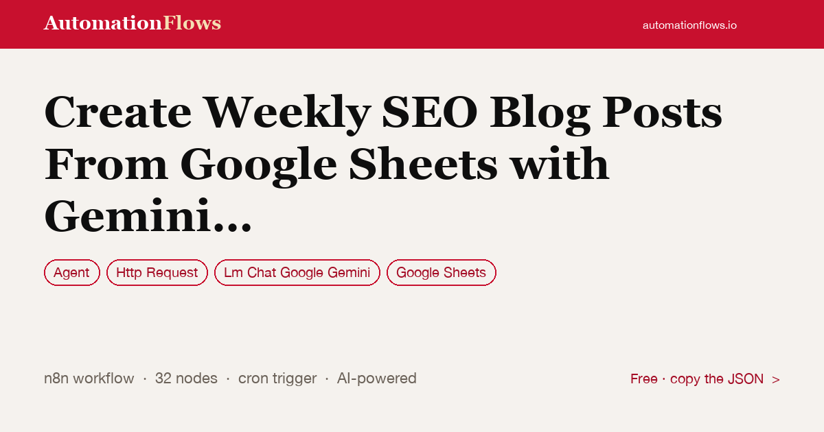 Create Weekly SEO Blog Posts From Google Sheets with Gemini and Sanity — n8n workflow card showing Agent, HTTP Request, Google Gemini Chat integration