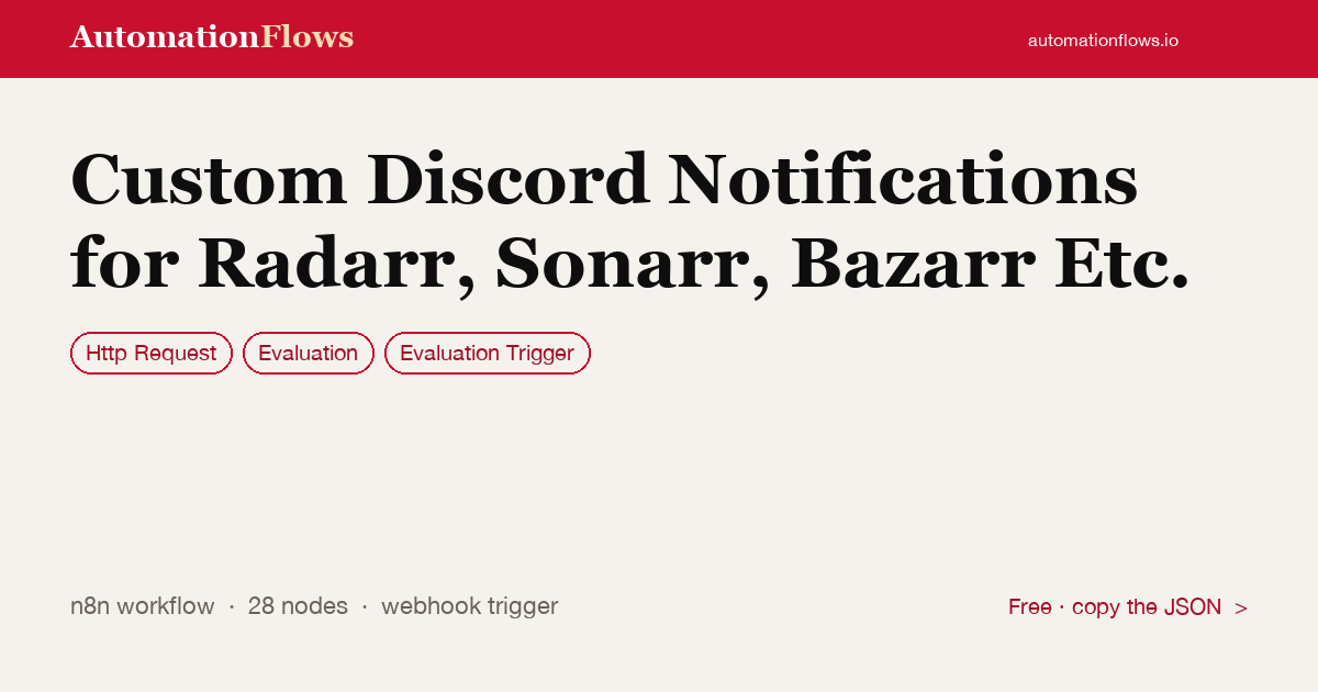 Custom Discord Notifications for Radarr, Sonarr, Bazarr Etc. — n8n workflow card showing HTTP Request, Evaluation, Evaluation Trigger integration