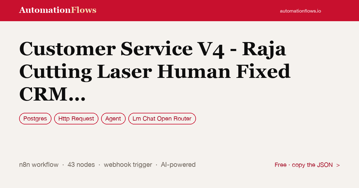 Customer Service V4 - Raja Cutting Laser Human Fixed CRM Context — n8n workflow card showing Postgres, HTTP Request, Agent integration