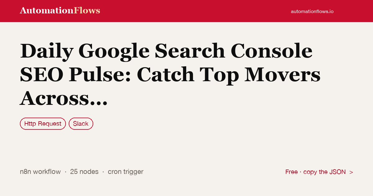 Daily Google Search Console SEO Pulse: Catch Top Movers Across Keyword Segments — n8n workflow card showing HTTP Request, Slack integration