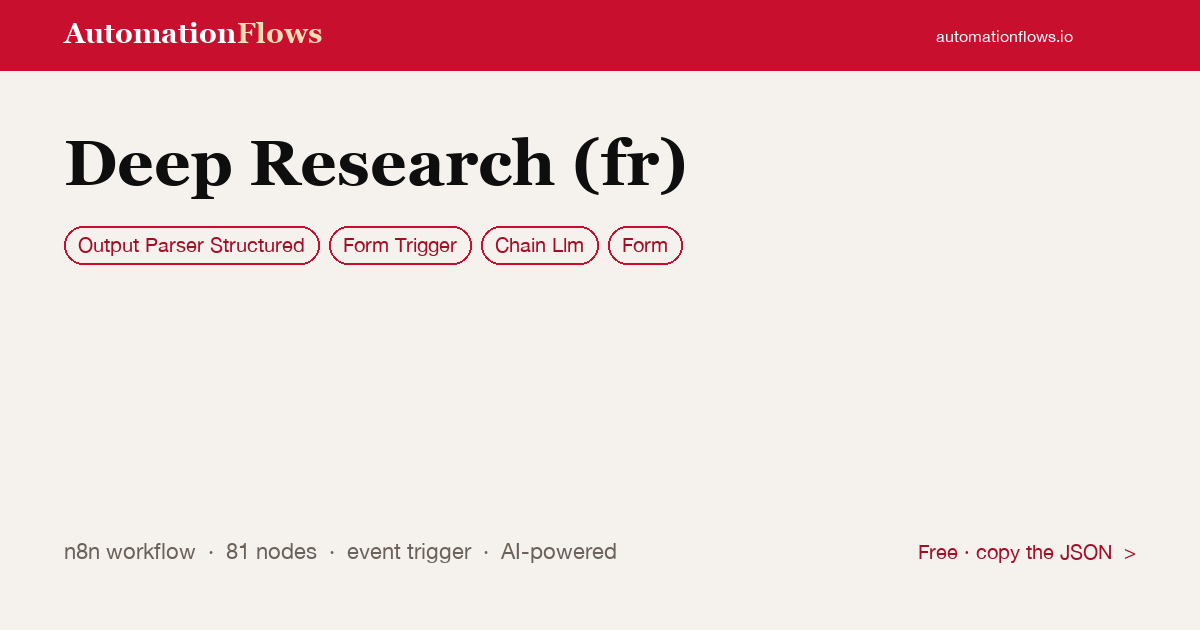 Deep Research (fr) — n8n workflow card showing Output Parser Structured, Form Trigger, Chain Llm integration