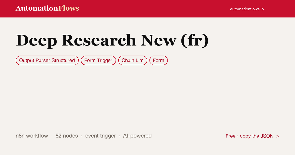 Deep Research New (fr) — n8n workflow card showing Output Parser Structured, Form Trigger, Chain Llm integration