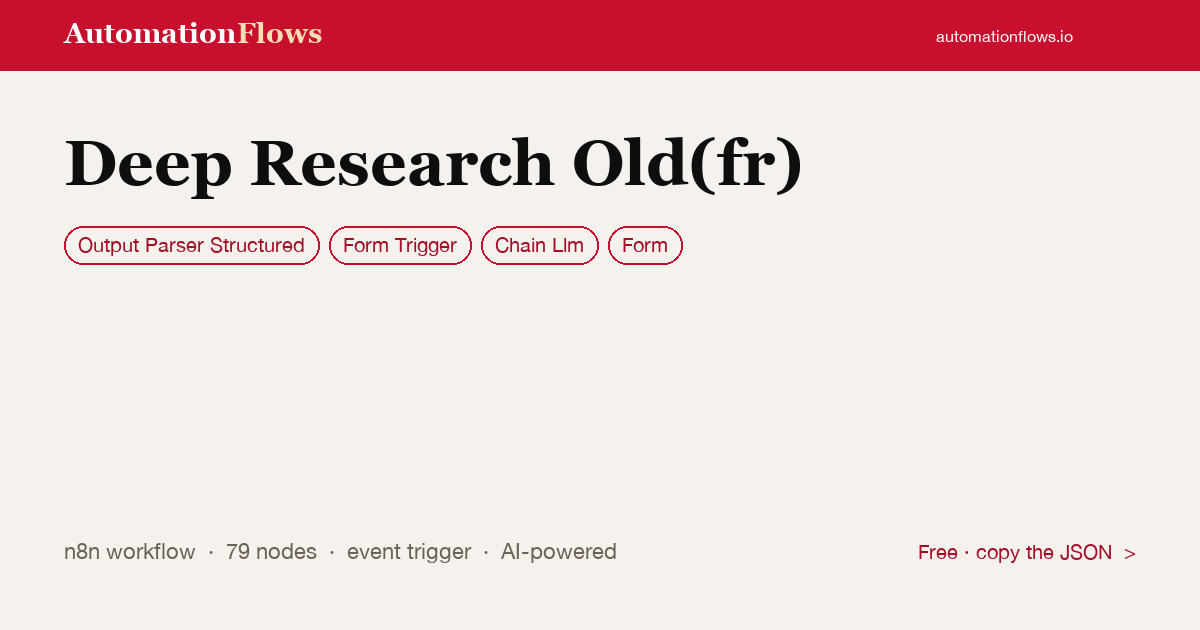 Deep Research Old(fr) — n8n workflow card showing Output Parser Structured, Form Trigger, Chain Llm integration
