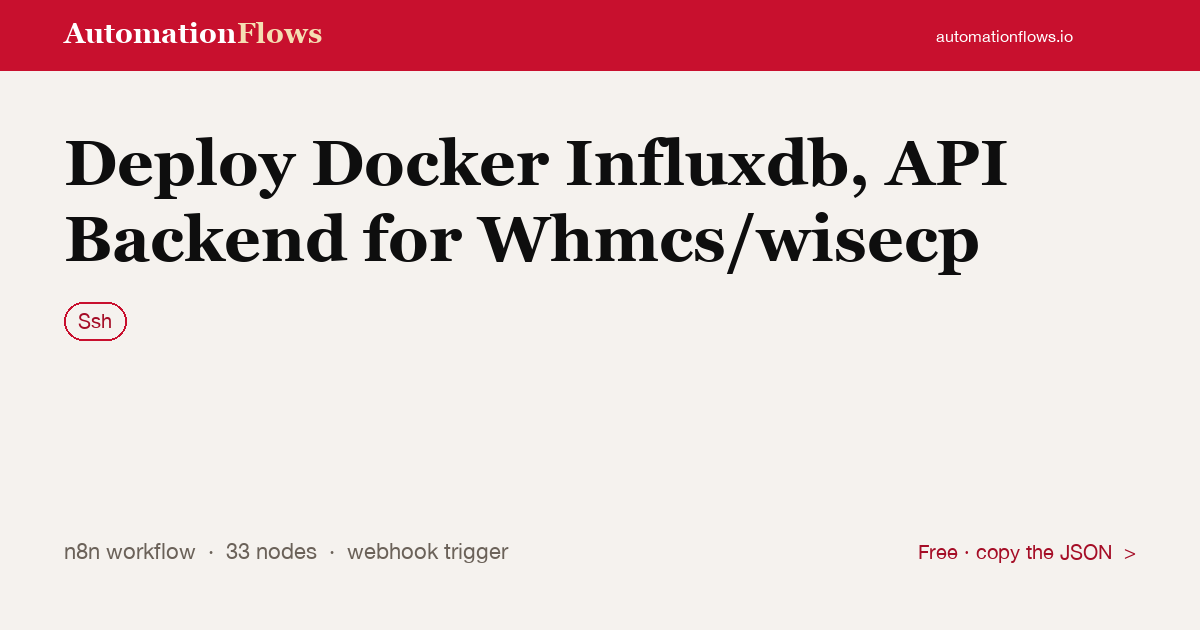 Deploy Docker Influxdb, API Backend for Whmcs/wisecp — n8n workflow card showing Ssh integration