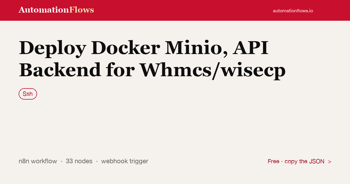 Deploy Docker Minio, API Backend for Whmcs/wisecp — n8n workflow card showing Ssh integration