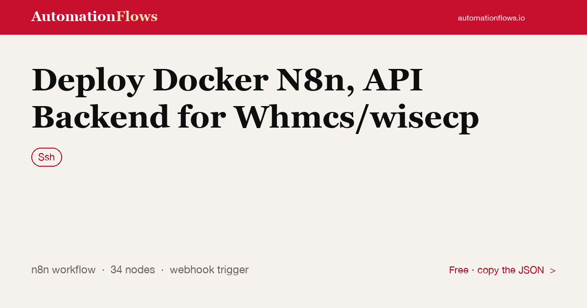 Deploy Docker N8n, API Backend for Whmcs/wisecp — n8n workflow card showing Ssh integration