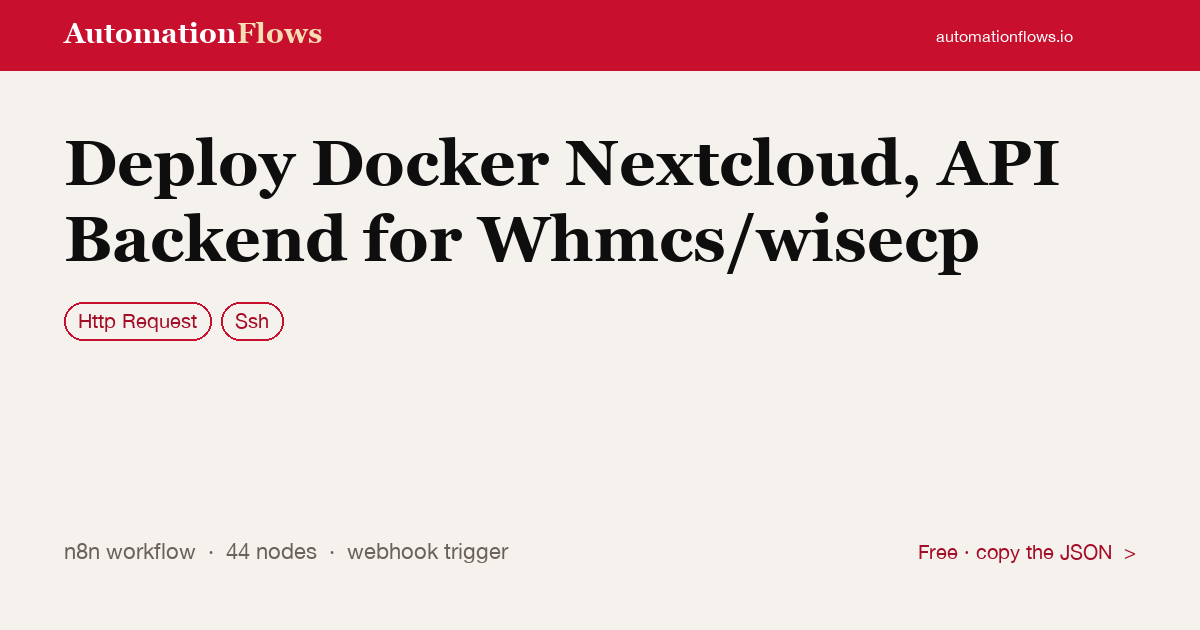 Deploy Docker Nextcloud, API Backend for Whmcs/wisecp — n8n workflow card showing HTTP Request, Ssh integration