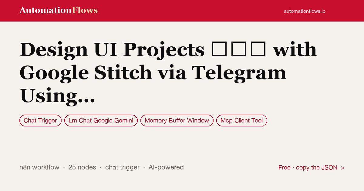 Chat with Gemini AI to Design UI Projects via Telegram — n8n workflow card showing Chat Trigger, Google Gemini Chat, Memory Buffer Window integration