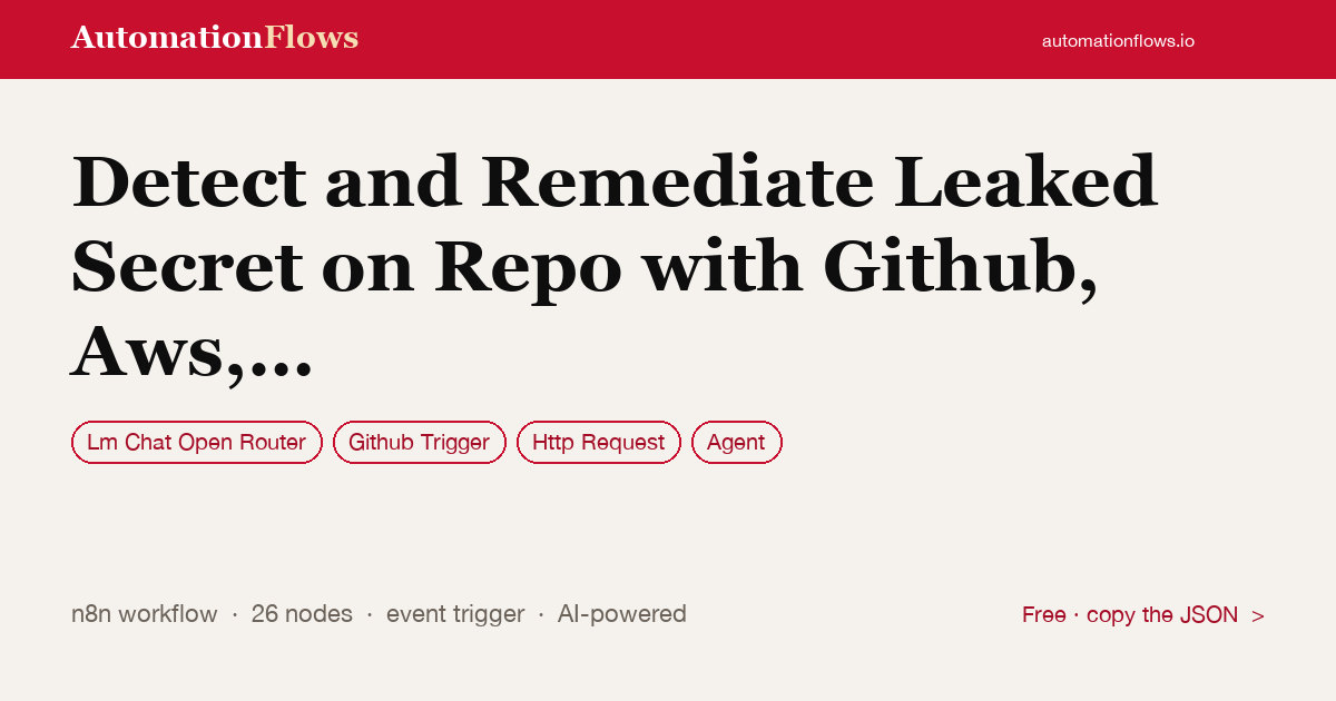 Detect and Remediate Leaked Secret on Repo with Github, Aws, Jira, Slack, Claude — n8n workflow card showing OpenRouter Chat, Github Trigger, HTTP Request integration