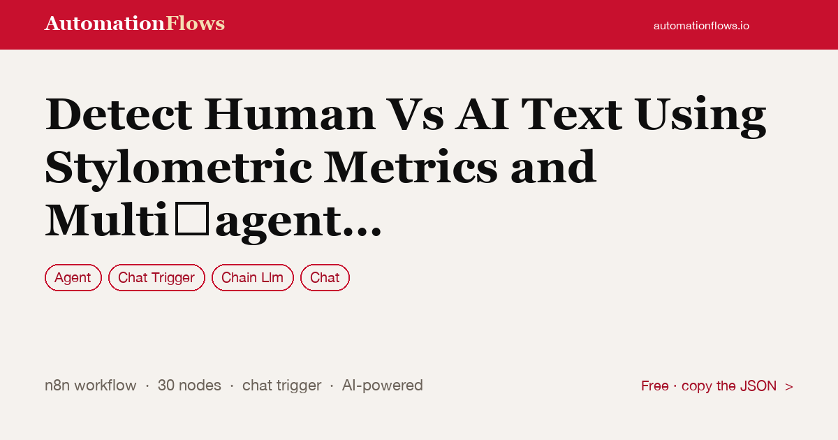 Detect Human Vs AI Text Using Stylometric Metrics and Multi‑agent LLM Debate — n8n workflow card showing Agent, Chat Trigger, Chain Llm integration