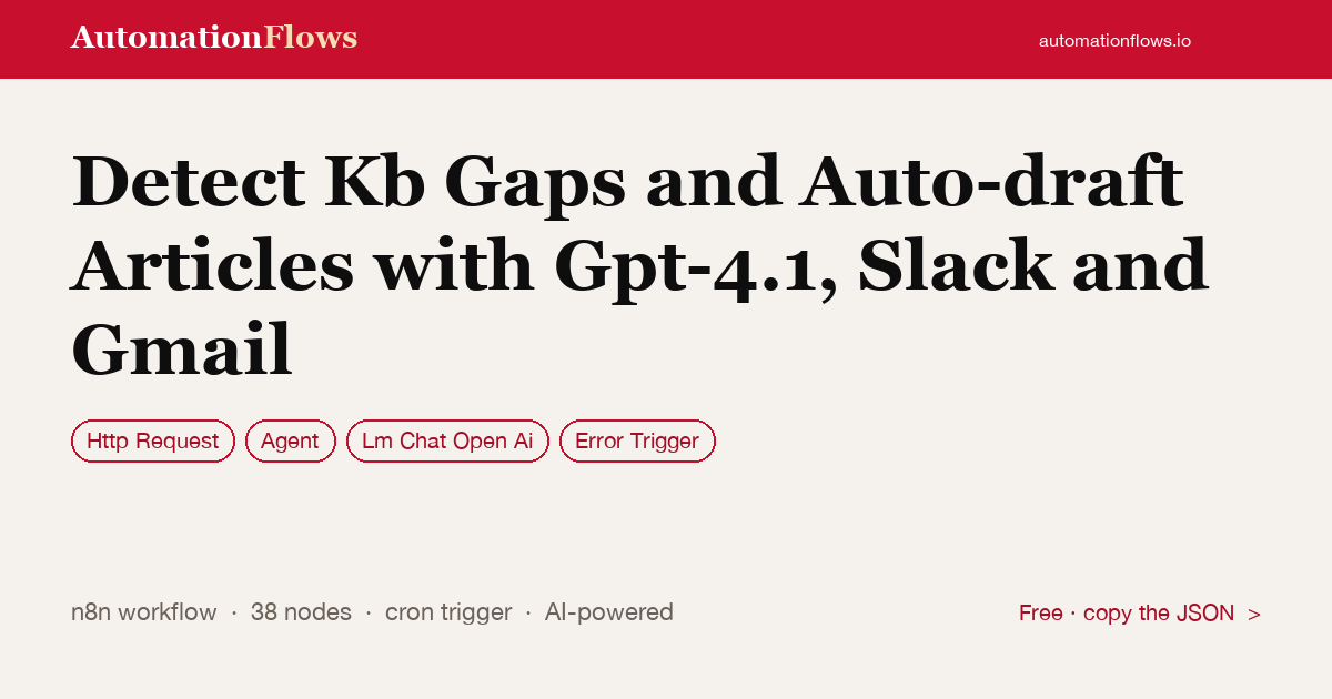 Detect Kb Gaps and Auto-draft Articles with Gpt-4.1, Slack and Gmail — n8n workflow card showing HTTP Request, Agent, OpenAI Chat integration