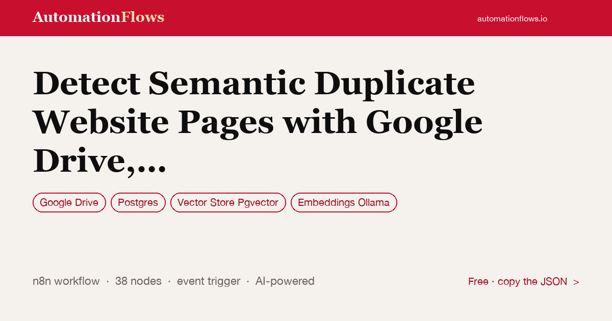 Detect Semantic Duplicate Website Pages with Google Drive, Postgres and Ollama — n8n workflow card showing Google Drive, Postgres, Vector Store Pgvector integration