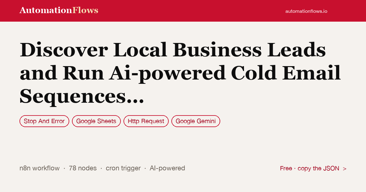 Discover Local Business Leads and Run Ai-powered Cold Email Sequences with… — n8n workflow card showing Stop And Error, Google Sheets, HTTP Request integration
