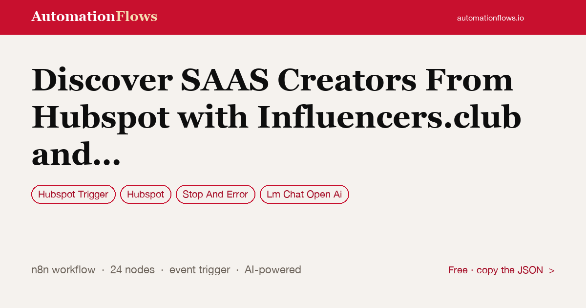 Discover SAAS Creators From Hubspot with Influencers.club and Gmail/sendgrid — n8n workflow card showing HubSpot Trigger, HubSpot, Stop And Error integration