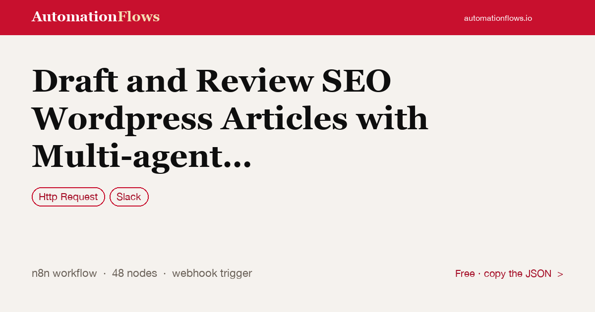 Draft and Review SEO Wordpress Articles with Multi-agent Llms and Slack — n8n workflow card showing HTTP Request, Slack integration