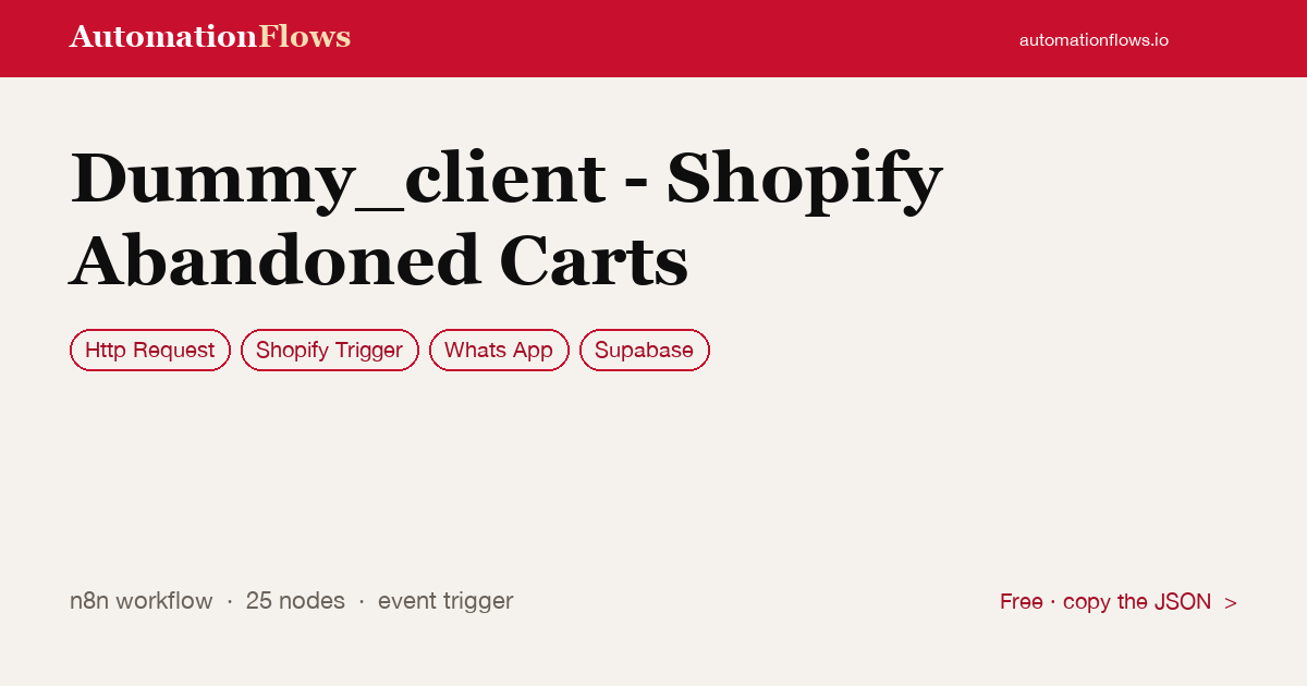 Shopify Abandoned Cart WhatsApp Recovery — n8n workflow card showing HTTP Request, Shopify Trigger, WhatsApp integration