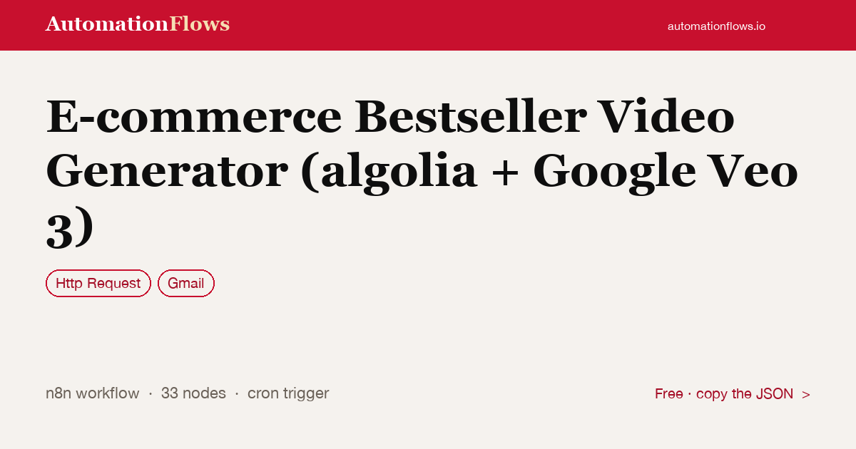 E-commerce Bestseller Video Generator (algolia + Google Veo 3) — n8n workflow card showing HTTP Request, Gmail integration
