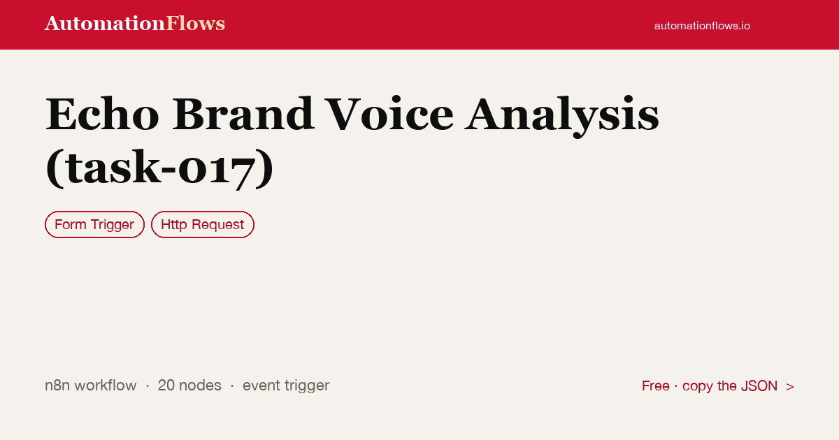 Echo Brand Voice Analysis (task-017) — n8n workflow card showing Form Trigger, HTTP Request integration