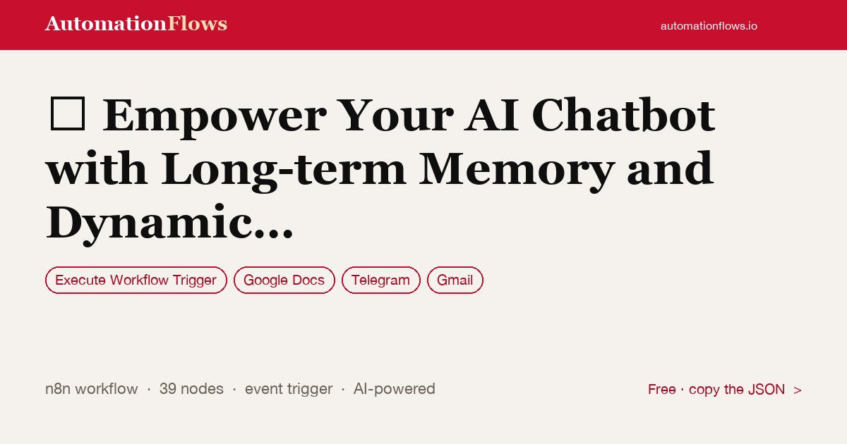 AI Chatbot Long-Term Memory & Tool Routing — n8n workflow card showing Execute Workflow Trigger, Google Docs, Telegram integration