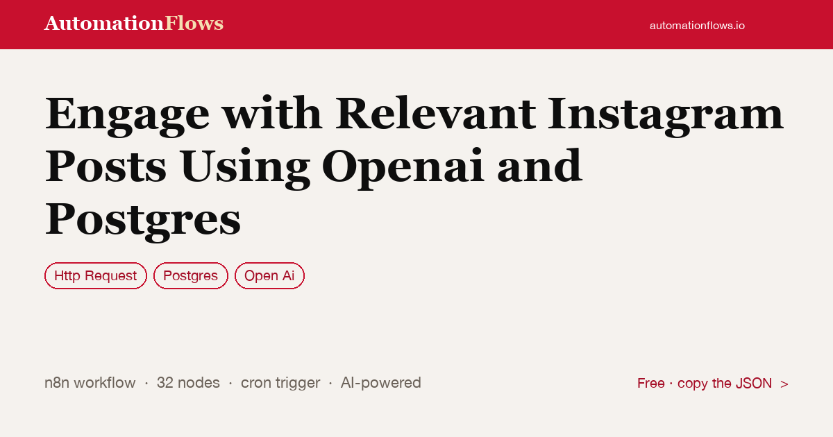 Engage with Relevant Instagram Posts Using Openai and Postgres — n8n workflow card showing HTTP Request, Postgres, OpenAI integration