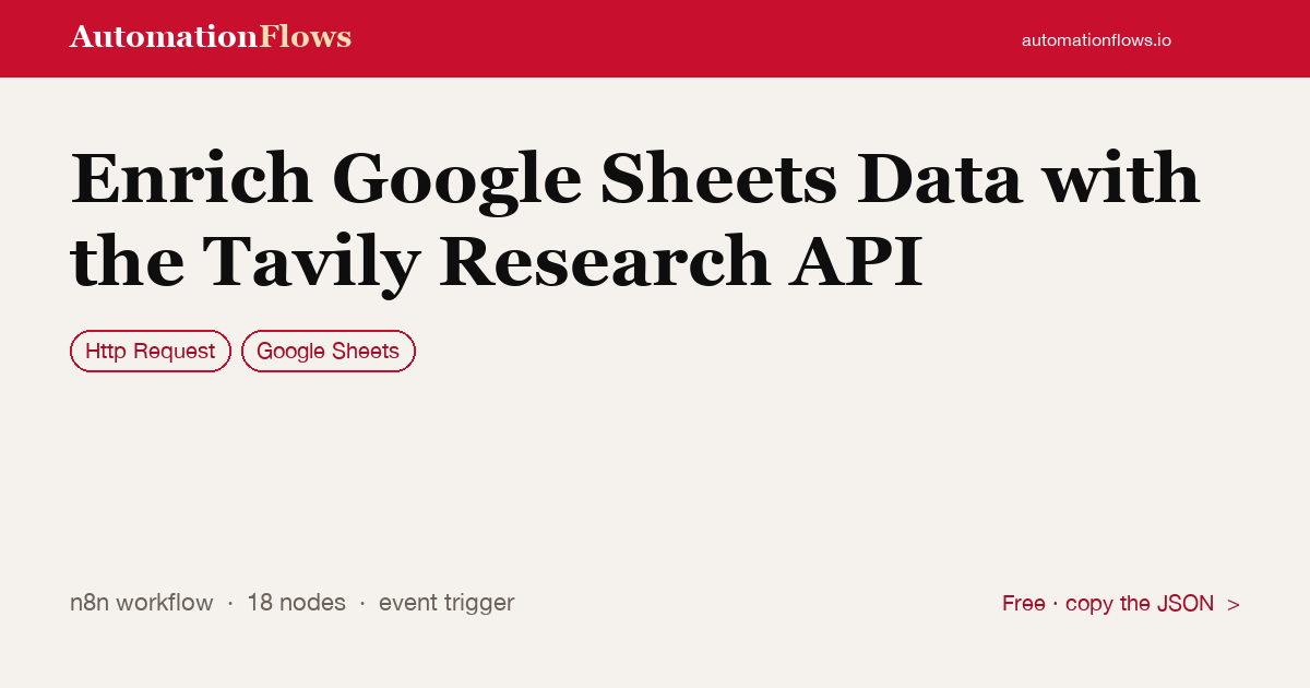 Enrich Google Sheets Data with the Tavily Research API — n8n workflow card showing HTTP Request, Google Sheets integration