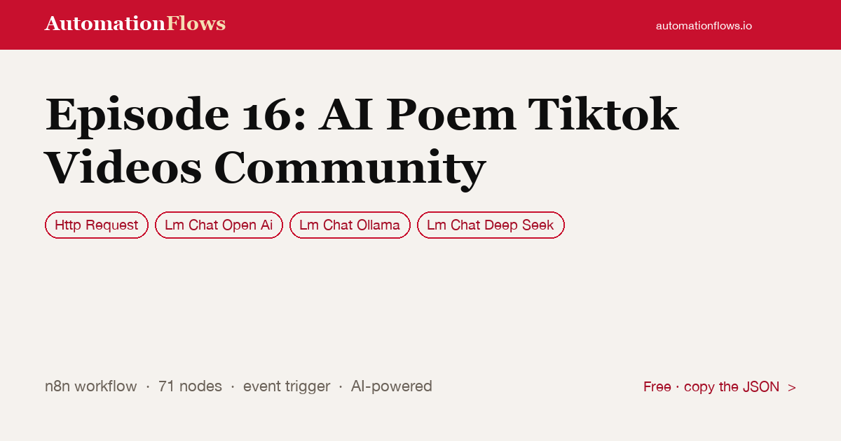 Episode 16: AI Poem Tiktok Videos Community — n8n workflow card showing HTTP Request, OpenAI Chat, Ollama Chat integration
