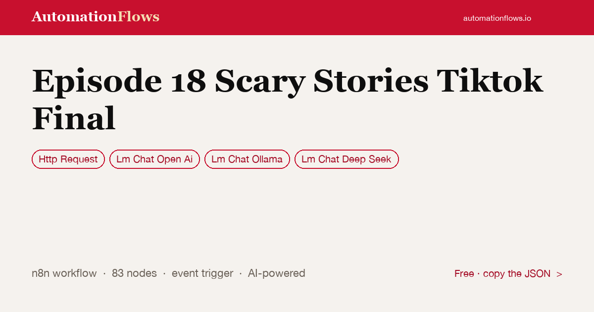 AI Scary Stories TikTok Video Generator — n8n workflow card showing HTTP Request, OpenAI Chat, Ollama Chat integration