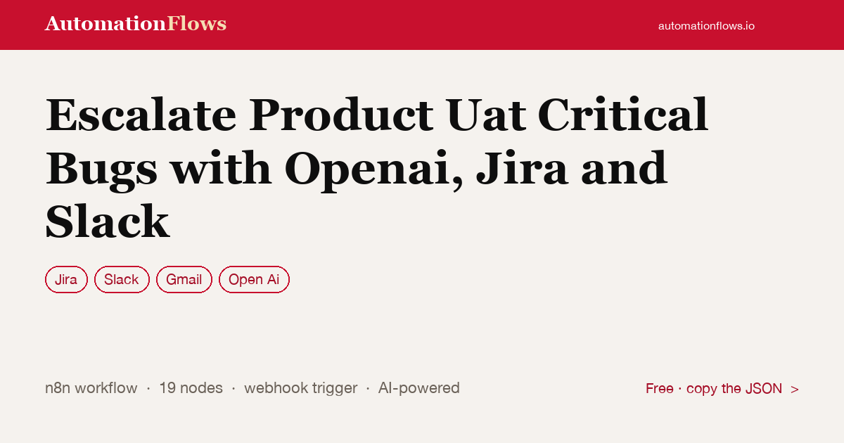 Escalate Product Uat Critical Bugs with Openai, Jira and Slack — n8n workflow card showing Jira, Slack, Gmail integration