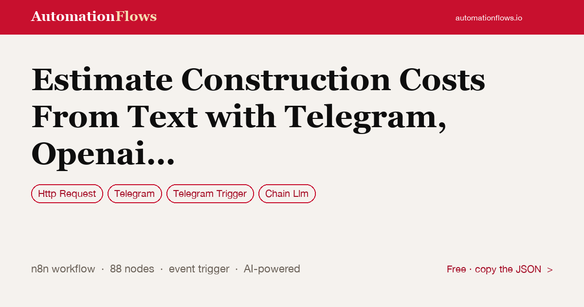 Estimate Construction Costs From Text with Telegram, Openai and Ddc Cwicr — n8n workflow card showing HTTP Request, Telegram, Telegram Trigger integration
