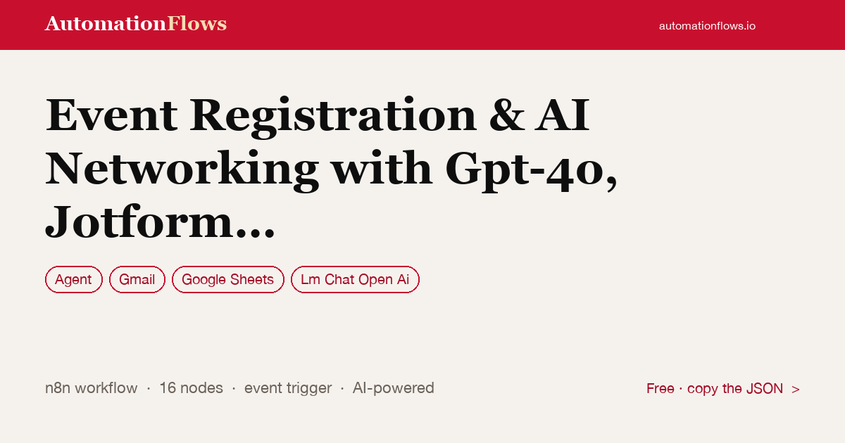 Event Registration & AI Networking with Gpt-4o, Jotform & Google Sheets — n8n workflow card showing Agent, Gmail, Google Sheets integration