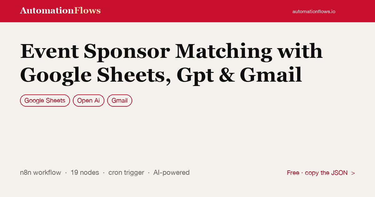 Event Sponsor Matching with Google Sheets, Gpt & Gmail — n8n workflow card showing Google Sheets, OpenAI, Gmail integration