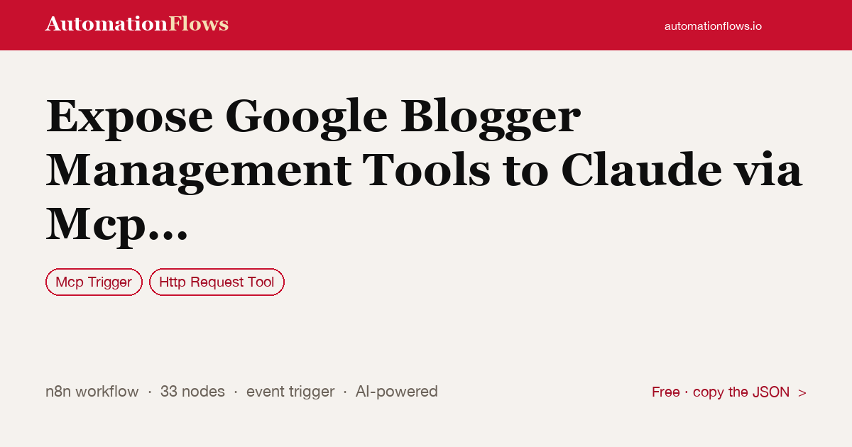 Expose Google Blogger Management Tools to Claude via Mcp Server — n8n workflow card showing Mcp Trigger, HTTP Request Tool integration