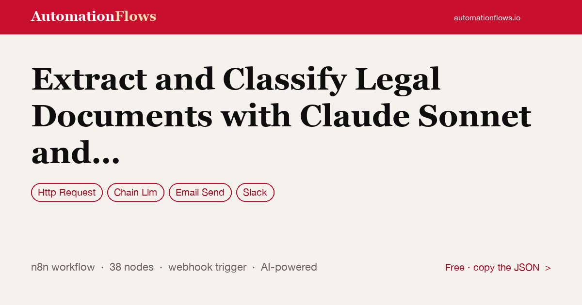 Extract and Classify Legal Documents with Claude Sonnet and Google Sheets — n8n workflow card showing HTTP Request, Chain Llm, Email Send integration