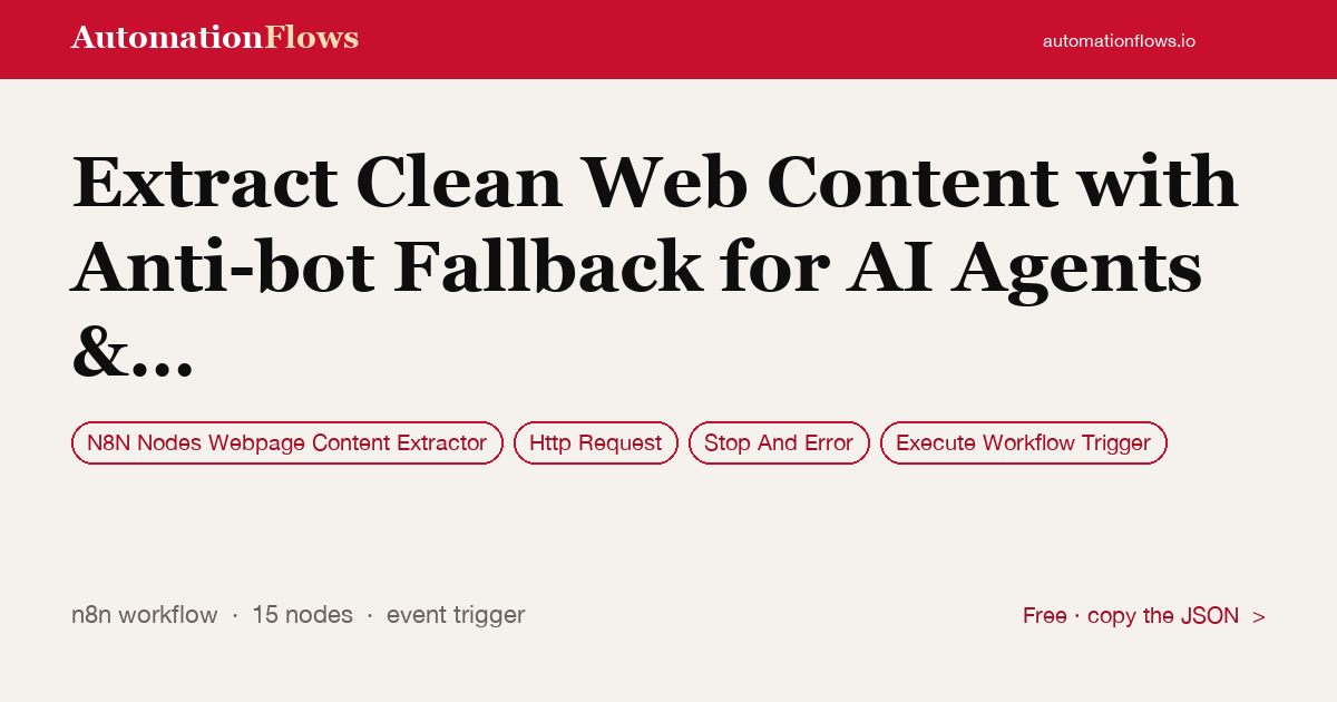 Extract Clean Web Content with Anti-bot Fallback for AI Agents & Workflows — n8n workflow card showing N8N Nodes Webpage Content Extractor, HTTP Request, Stop And Error integration