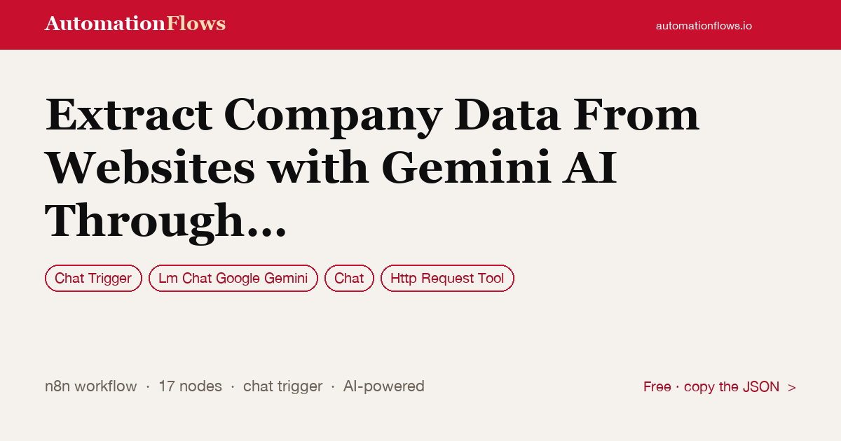 Extract Company Data From Websites with Gemini AI Through Chat Conversation — n8n workflow card showing Chat Trigger, Google Gemini Chat, Chat integration