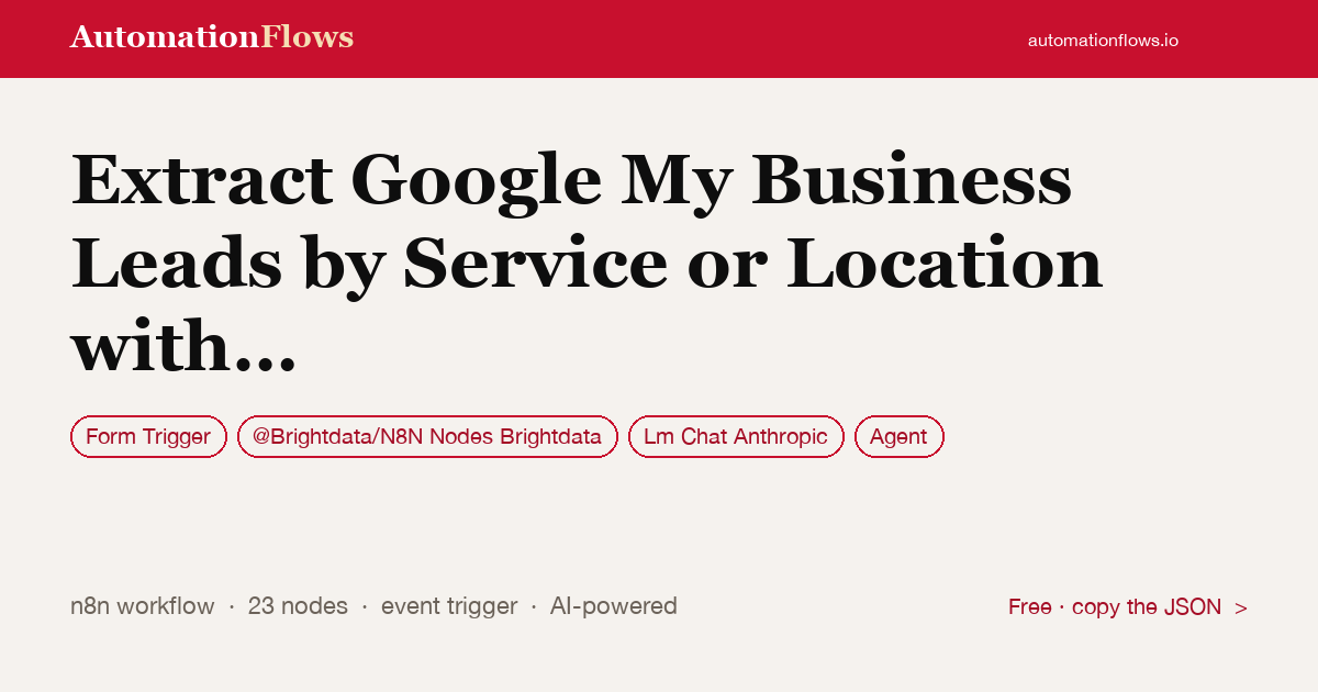 Extract Google My Business Leads by Service or Location with Bright Data — n8n workflow card showing Form Trigger, @Brightdata/N8N Nodes Brightdata, Anthropic Chat integration