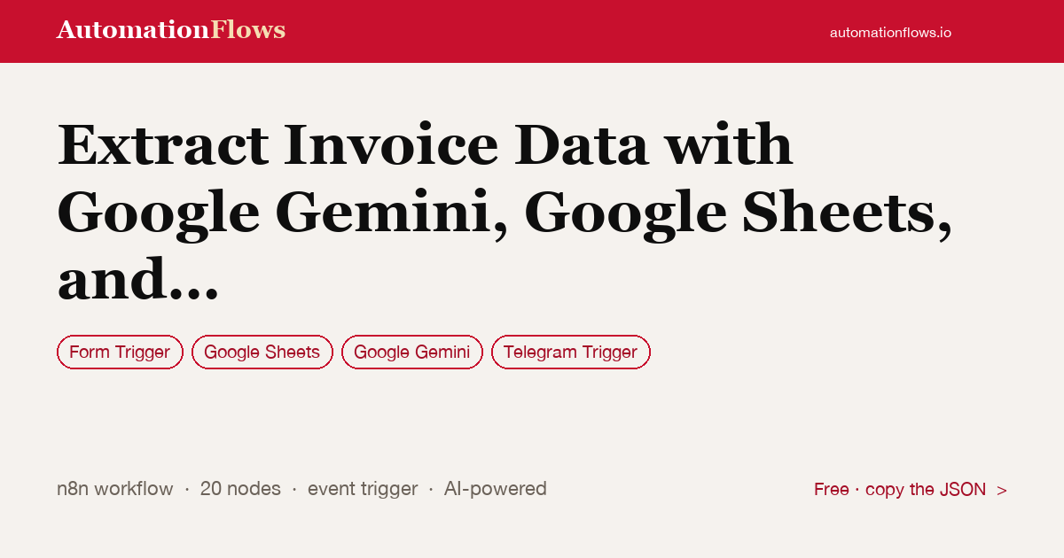 Extract Invoice Data with Google Gemini, Google Sheets, and Telegram — n8n workflow card showing Form Trigger, Google Sheets, Google Gemini integration