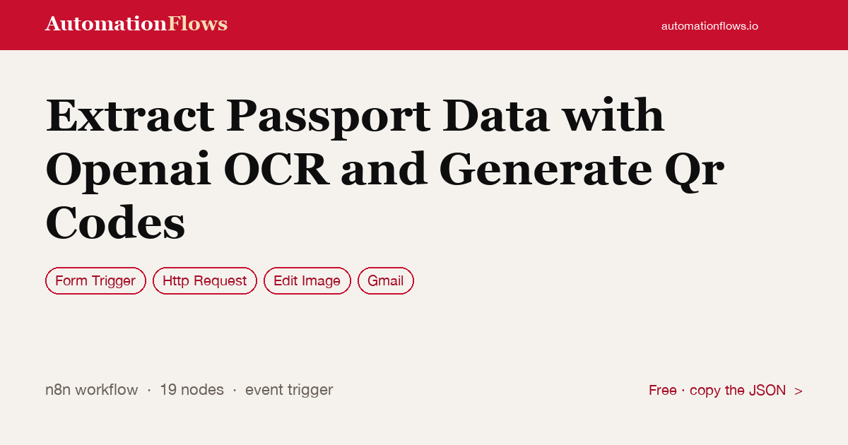 Extract Passport Data with Openai OCR and Generate Qr Codes — n8n workflow card showing Form Trigger, HTTP Request, Edit Image integration