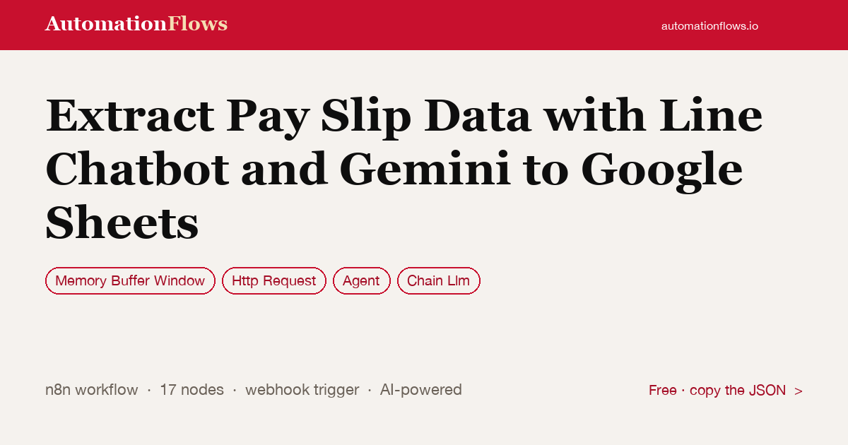 Extract Pay Slip Data with Line Chatbot and Gemini to Google Sheets — n8n workflow card showing Memory Buffer Window, HTTP Request, Agent integration
