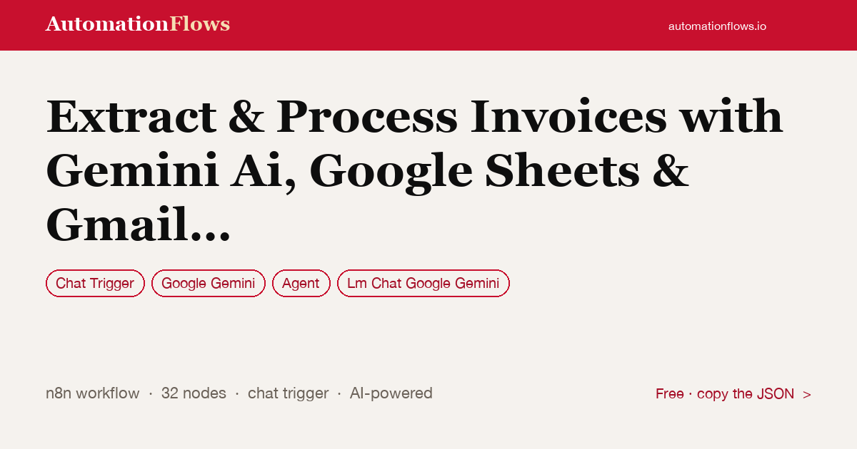 Extract & Process Invoices with Gemini Ai, Google Sheets & Gmail Notifications — n8n workflow card showing Chat Trigger, Google Gemini, Agent integration
