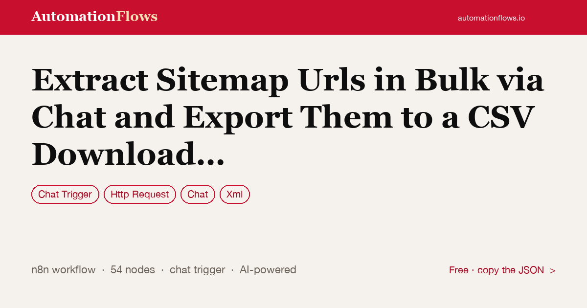 Extract Sitemap Urls in Bulk via Chat and Export Them to a CSV Download Link — n8n workflow card showing Chat Trigger, HTTP Request, Chat integration