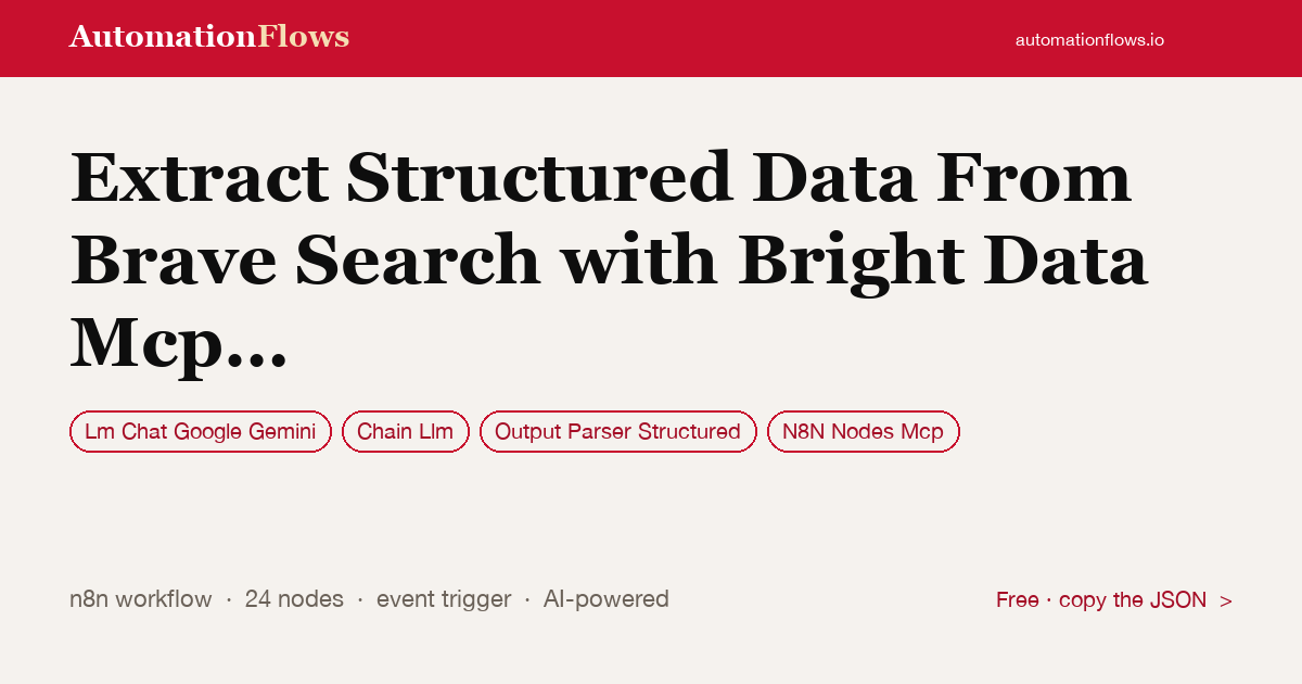 Extract Structured Data From Brave Search with Bright Data Mcp & Google Gemini — n8n workflow card showing Google Gemini Chat, Chain Llm, Output Parser Structured integration