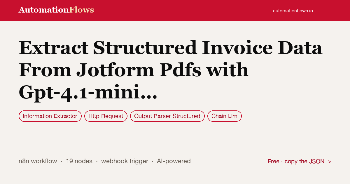 Extract Structured Invoice Data From Jotform Pdfs with Gpt-4.1-mini & Sheets — n8n workflow card showing Information Extractor, HTTP Request, Output Parser Structured integration